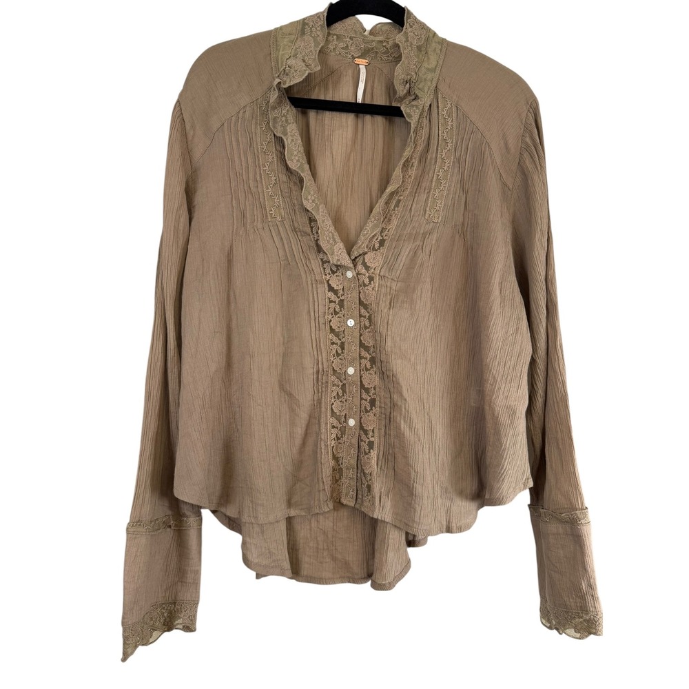 Free People Taupe Lace Trim Crinkle Gauze Button Down Blouse Medium Boho